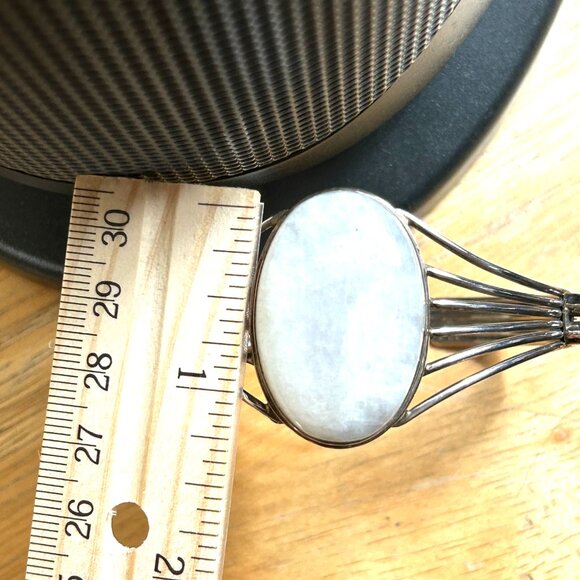 Sterling Silver Wide Bold White Stone Red Garnet Cuff Bracelet Marked 925 - Picture 7 of 14